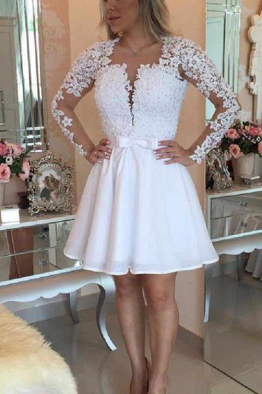 Short white party dresses, mini open Homecoming Dresses back long sleeves homecoming dresses, sexy Kaylie deep v-neck lace party dresses CD265