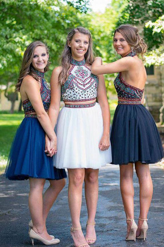 Simple Black Two Piece Halter Above-Knee Adison Embroidery Homecoming Dresses Backless CD3086