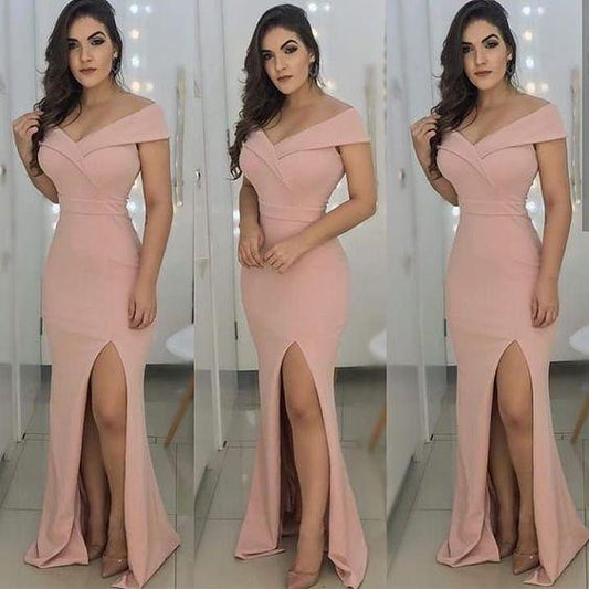 Off-Shoulder Satin Mermaid Long prom Dresses with Front Slit