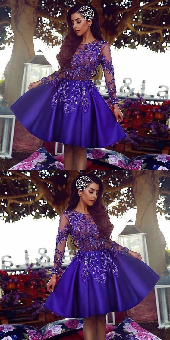 A-Line Round Mariah Neck Long Sleeves Royal Blue Short homecoming Dress with Homecoming Dresses Appliques CD312