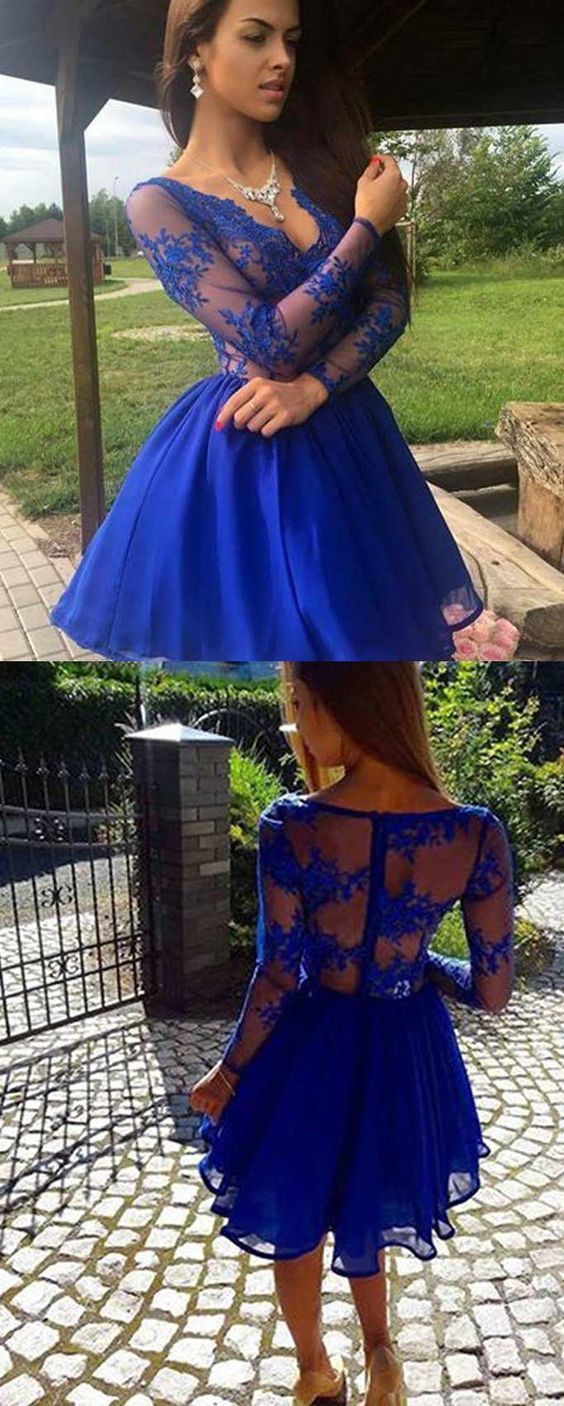 long sleeves lace dresses Homecoming Dresses short, short Sonia royal blue homecoming dresses CD314