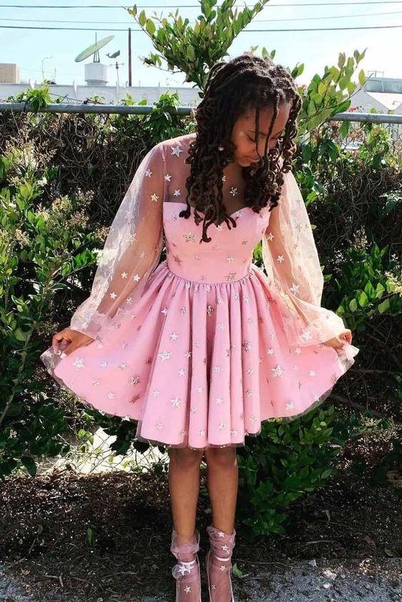 Pink Stars Long Sleeves Homecoming Dresses Tulle Short Xiomara CD3141