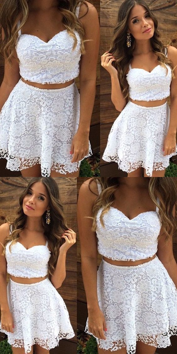 Two Piece Leila Straps Short White Lace Homecoming Cocktail Dress, Homecoming Dresses cheap homecoming dress CD319