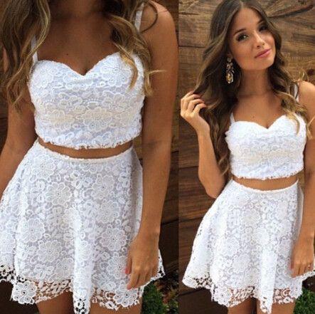 Two Piece Leila Straps Short White Lace Homecoming Cocktail Dress, Homecoming Dresses cheap homecoming dress CD319