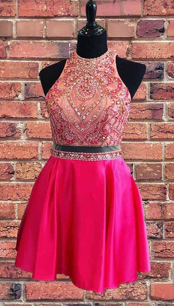 Beaded Homecoming Dresses Two Piece Short Dress Hot Susan Pink CD3311