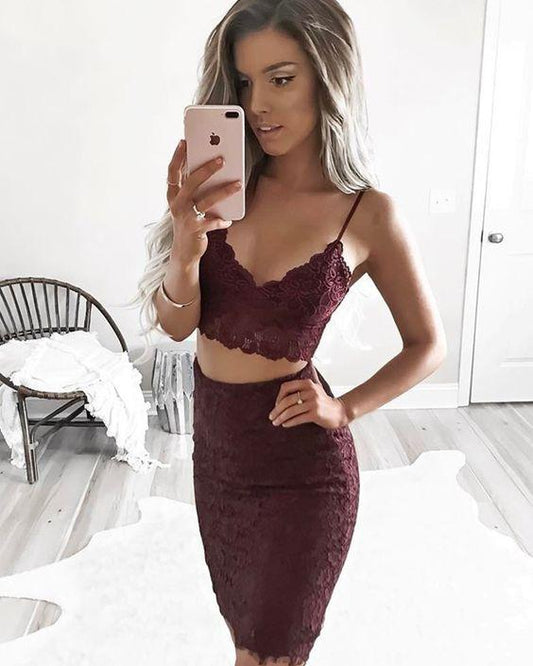 Two Piece Burgundy Homecoming Dresses Spaghetti Straps Giana Lace Tight CD3319