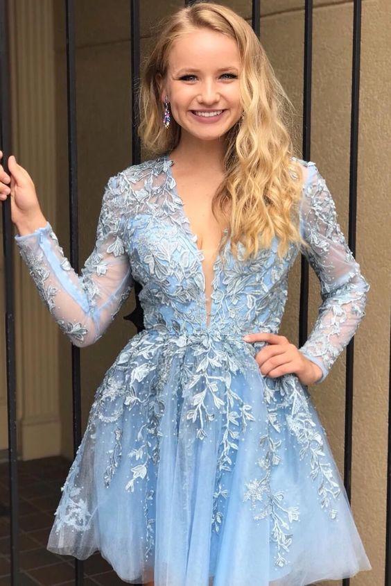 Cadence A Line Homecoming Dresses Lace Appliqued Short Blue with Long Sleeves CD3456