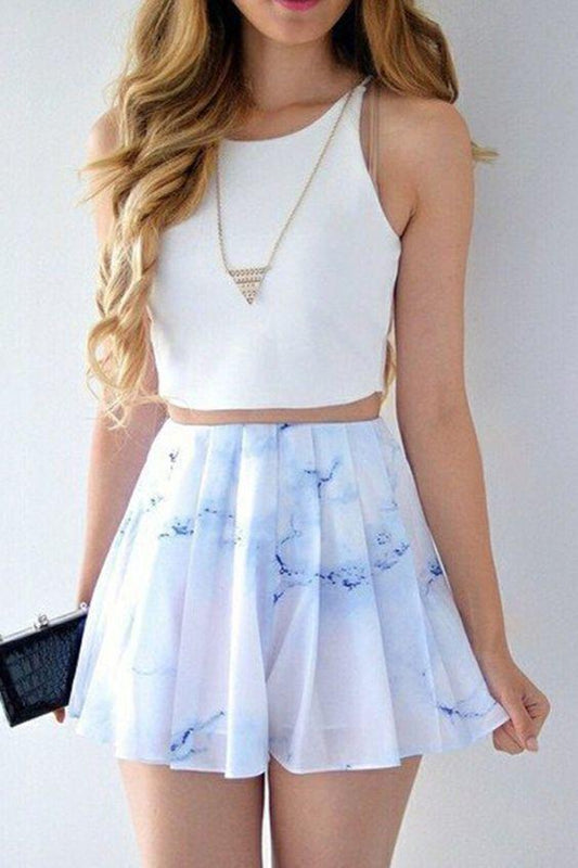 Two Piece Bateau Short Homecoming Dresses Printed White Chiffon Vanessa CD368