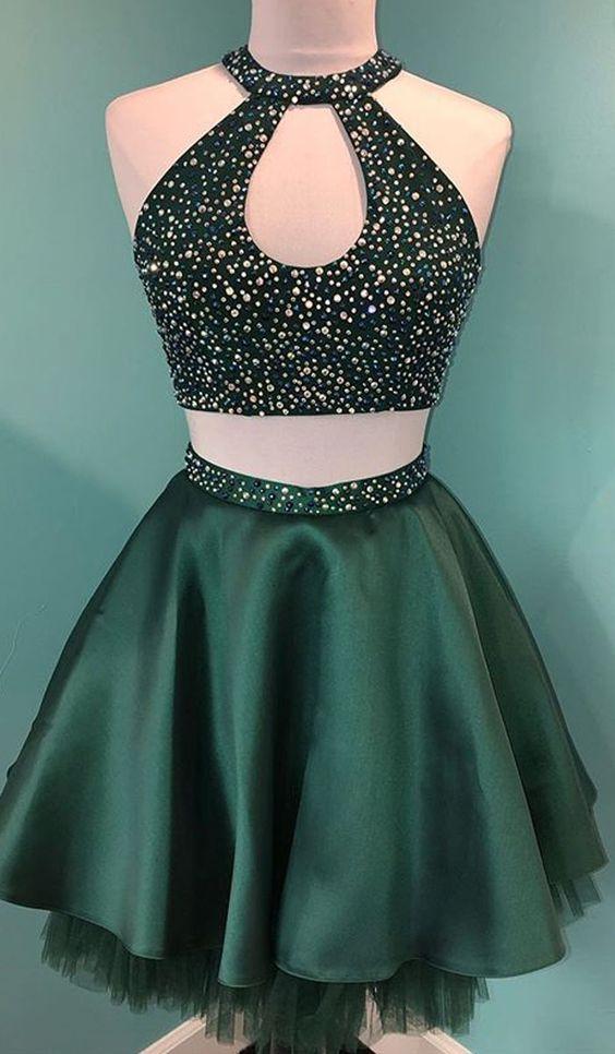 Unique Adrienne Halter Beaded Green Satin Homecoming Dresses Cute Two Piece CD3805