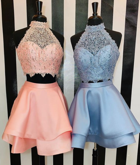 Two Piece Round Neck Short Blue Satin with Homecoming Dresses Aurora Lace CD3826