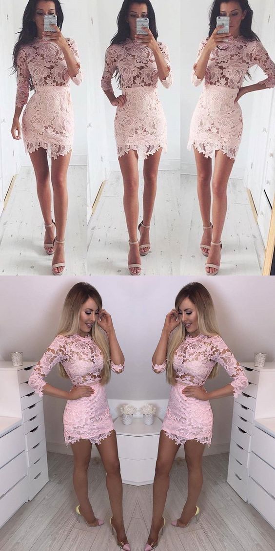 Sexy Long Sleeves Pink Lace Short Bodycon Dress, cheap homecoming Tori dress Homecoming Dresses CD385