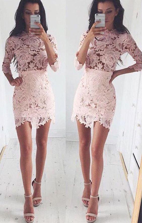 Sexy Long Sleeves Pink Lace Short Bodycon Dress, cheap homecoming Tori dress Homecoming Dresses CD385