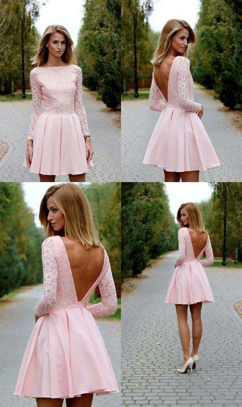 Pink lace , Sexy Homecoming Dresses Mini Long Sleeves Party Dress, Deep V back Rosa backless Club Dresses CD386