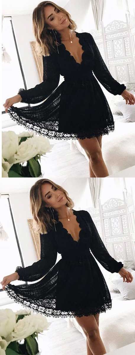 romantic homecoming Alaina dresses, deep neck long sleeves homecoming dresses, Homecoming Dresses short black lace homecoming dresses CD390