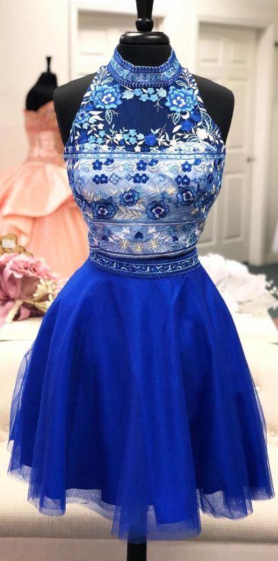 two piece royal Kamila Homecoming Dresses blue homecoming dress with high neck and floral top CD3900