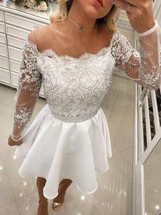 New Arrival Homecoming Dresses A-Line Round Neck Long Sleeves White Pearls Ivy Short CD396