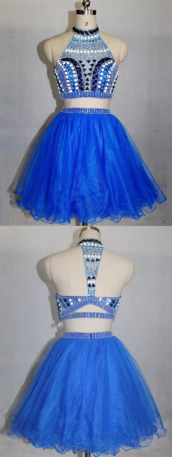 Alena Blue Homecoming Dresses Two Pieces High Neck Beaded Short Cocktail Dresses CD413