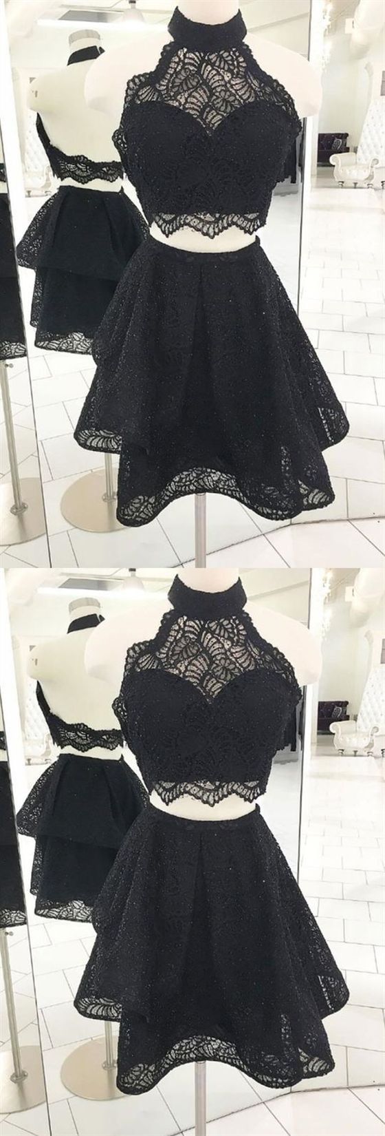 Black Halter Lace Homecoming Dresses Jacqueline , Two Pieces Short Cocktail Dresses CD417