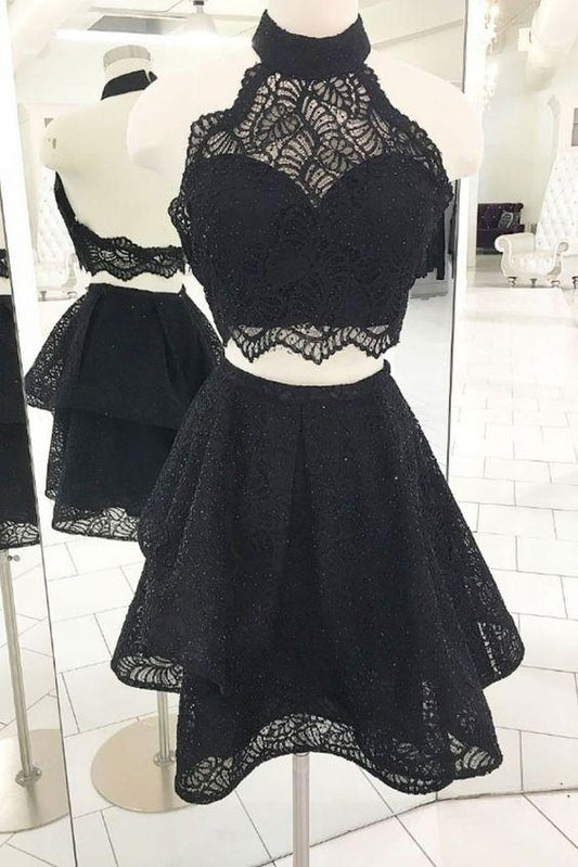 Black Halter Lace Homecoming Dresses Jacqueline , Two Pieces Short Cocktail Dresses CD417