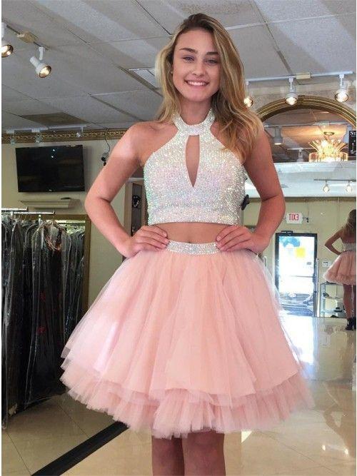 Cute Halter Two Piece Beaded Short Aurora Pink Homecoming Dresses CD419