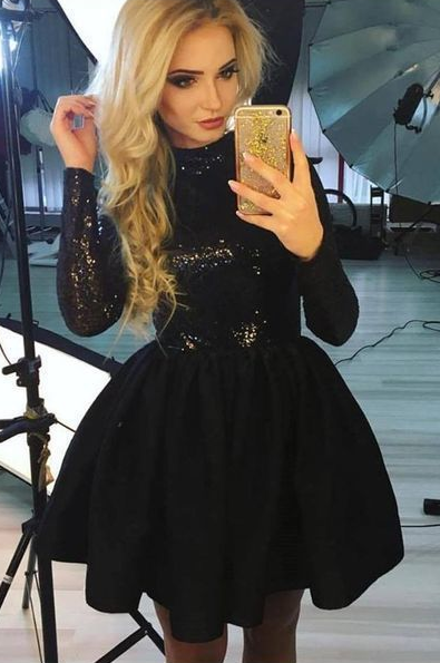 A-Line Jewel Long Sleeves Jasmin Black Homecoming Dresses with Sequin CD428