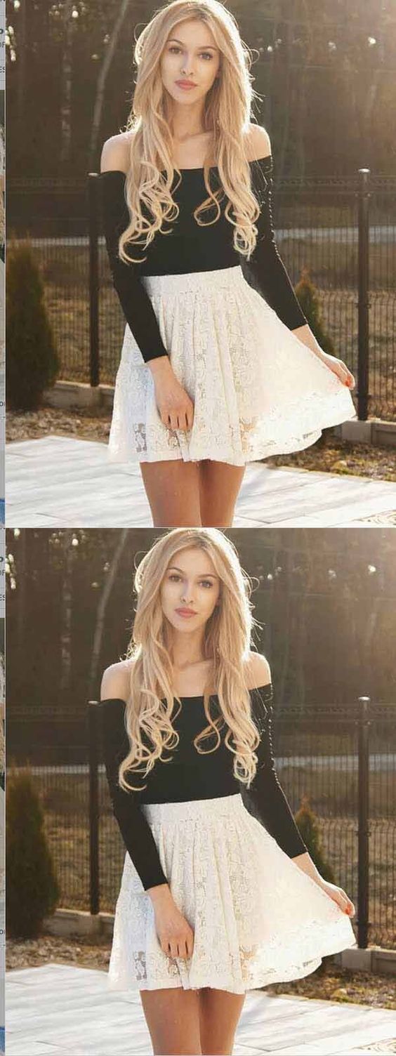 Two Piece Ivory Lace Long Homecoming Dresses Sleeves , Short homecoming Paula Dresses CD429