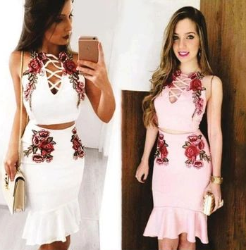 Lilianna Sexy Fashion Homecoming Dresses Straps Floral Embroidery Two Piece CD4324