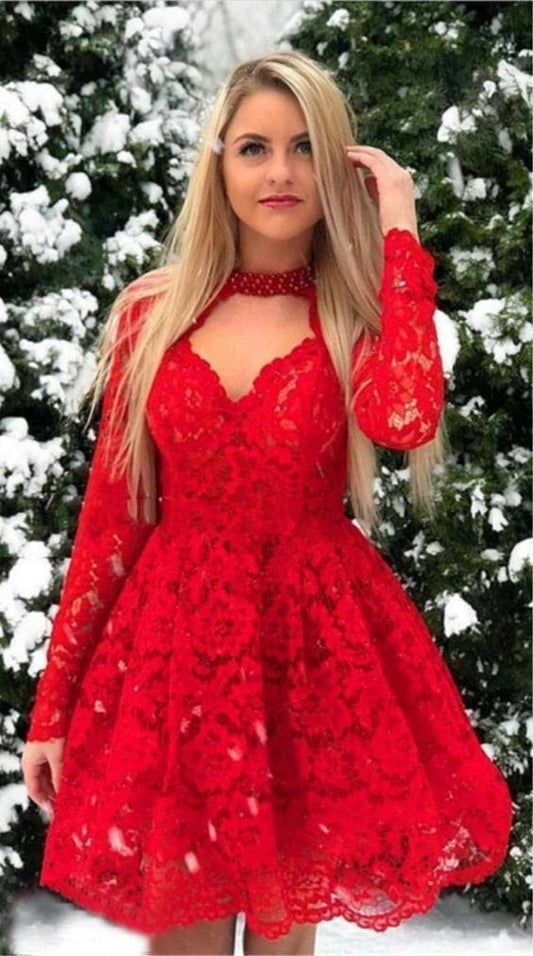 vintage red lace short homecoming dresses, long sleeve knee length homecoming Yadira dress Homecoming Dresses for teens, long sleeve homecoming dress CD436