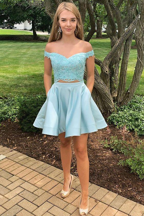 Homecoming Dresses Two Piece Off-the-Shoulder Blue with Appliques Bria CD4503