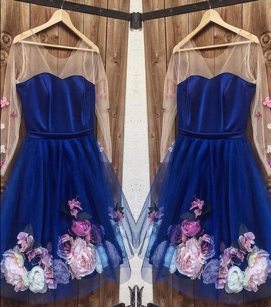 Long Sleeves 3D Floral Short Blue Dresses, Short Blue Rubi Formal Homecoming Dresses Graduation CD4513