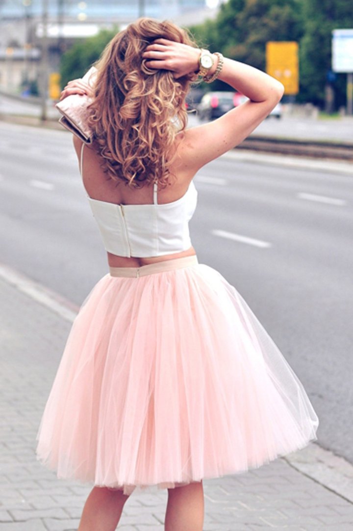 Spaghetti Straps Homecoming Dresses Two Piece Blush Pink , Makenna Short Party Dress CD47