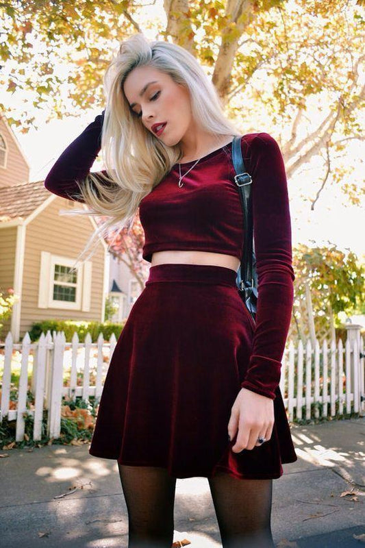 Two Celeste Piece Long Sleeve Velvet Homecoming Dresses homecoming Dress CD4849