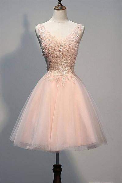 Haleigh Blush Homecoming Dresses Pink Lace Beaded Backless V-neck Sweet 16 Cocktail Dress CD51