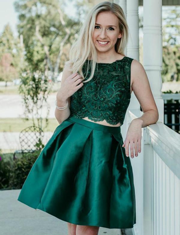 Two Piece Moriah Dark Green Satin Homecoming Dresses With Beading CD543