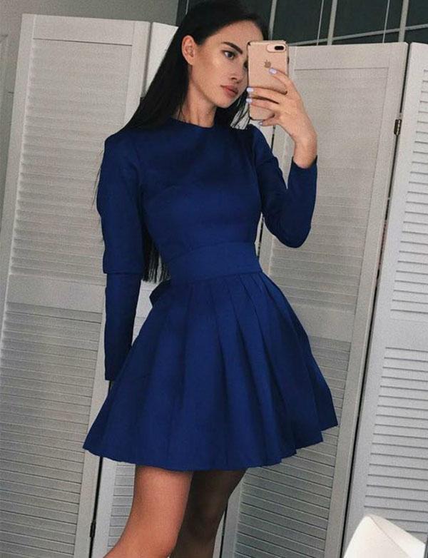 Fashion Cadence A-Line Homecoming Dresses Jewel Long Sleeves Navy Blue Short CD565