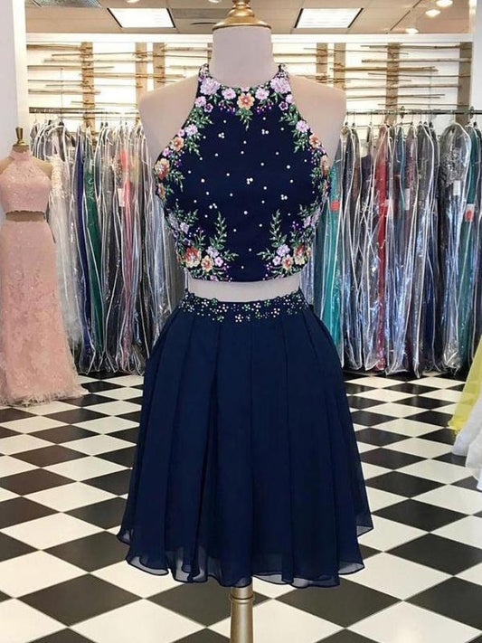 Sexy Mckenna Two Pieces Navy Blue Short Homecoming Dresses With Halter Neckline, Affordable CD590