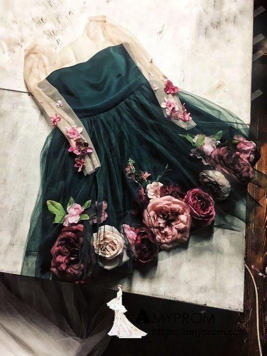 Chic A-line V neck Hand-Made Flower Unique Short homecoming Dress Long Sleeve Kaiya Homecoming Dresses CD644