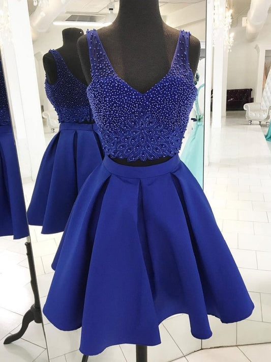 V Neck Beaded Homecoming Dresses Royal Blue Two Piece Hallie CD65