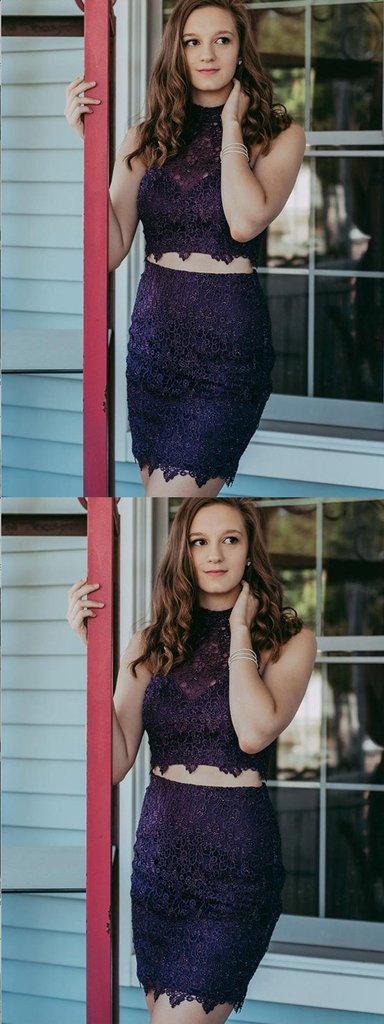 Julie Two Piece Purple Lace Beaded Tight Homecoming Dresses CD661