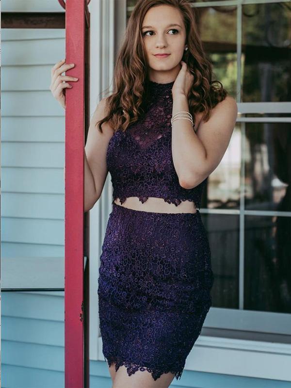 Julie Two Piece Purple Lace Beaded Tight Homecoming Dresses CD661