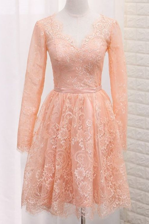 A Homecoming Dresses Line V Neck Long Sleeves Lace With Sash Selah CD6952