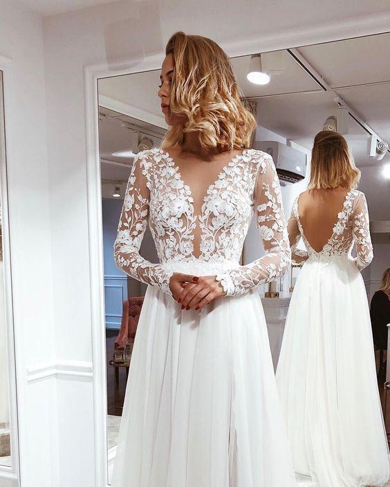 Simple A Line V Neck Open Back Ivory Lace Long Sleeves Prom Dresses