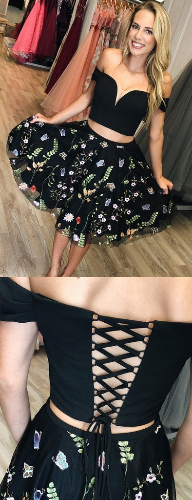 Black Two Piece Off Eden Shoulder Homecoming Dresses Embroidery CD759