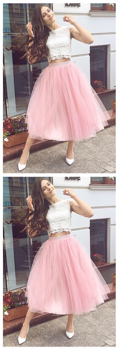 Fashion Two Piece Pink Lorelai , Tulle Homecoming Dresses Lace Party Dress CD8030