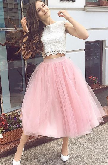 Fashion Two Piece Pink Lorelai , Tulle Homecoming Dresses Lace Party Dress CD8030