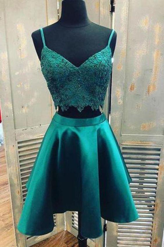 Teal Two Piece Satin With Lace Olive Spaghetti Strap Homecoming Dresses Graduation CD8105