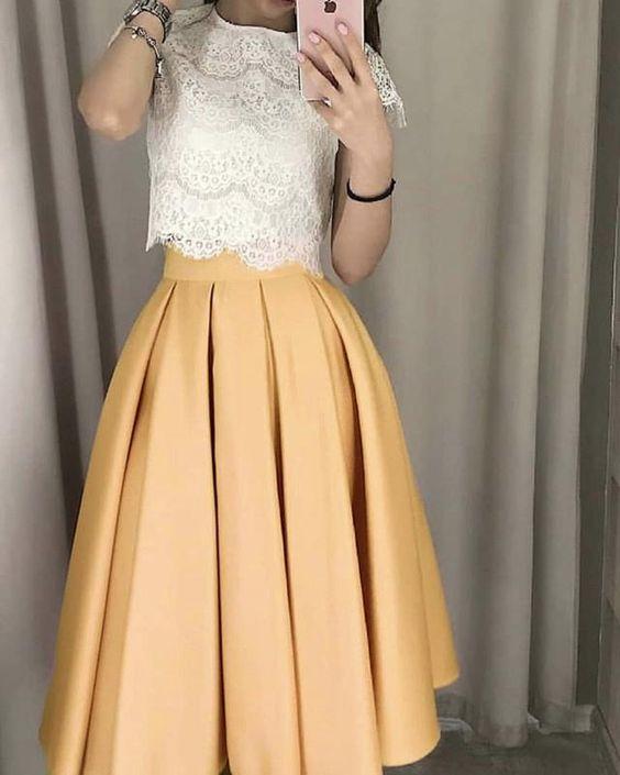 White Lace Penelope Crop Two Piece Homecoming Dresses CD8663