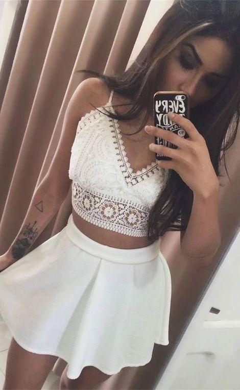 Linda Two Piece Spaghetti Straps Short White with Homecoming Dresses Lace CD8957