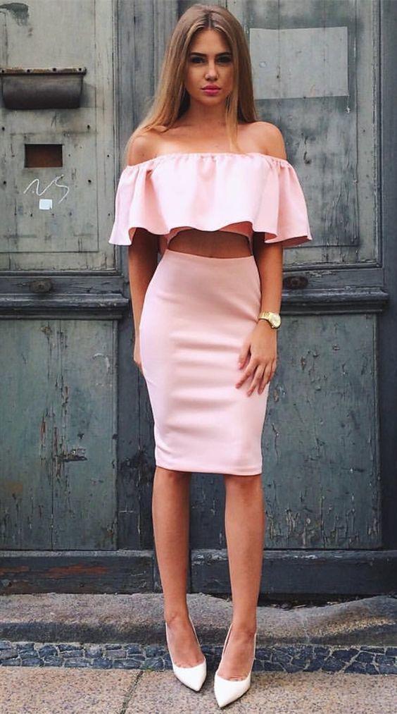 Two Piece Off-the-Shoulder Knee-Length Pink Abbie with Homecoming Dresses Ruffles CD916