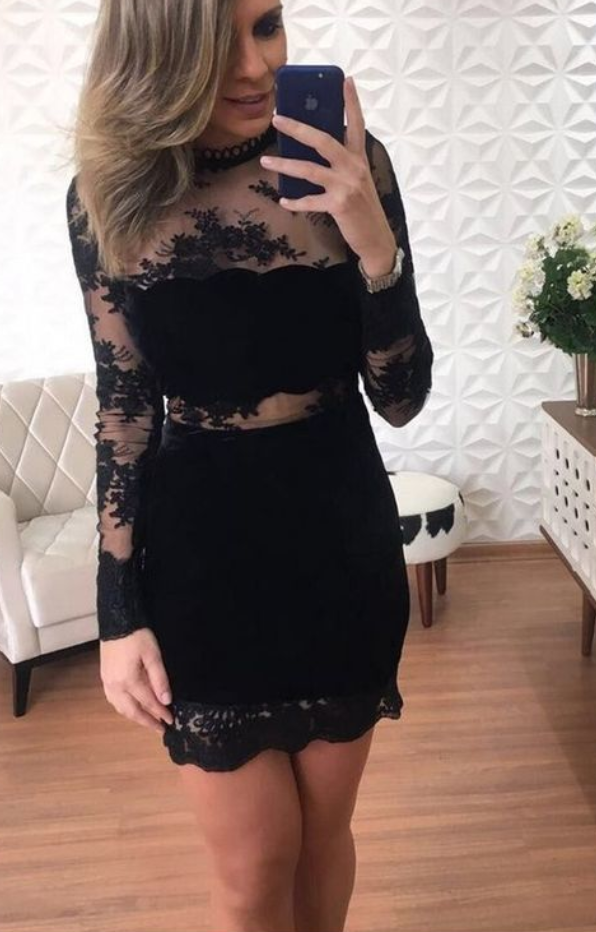 Black Lace Sheath Long Sleeve See Alexandra Homecoming Dresses Through CD925